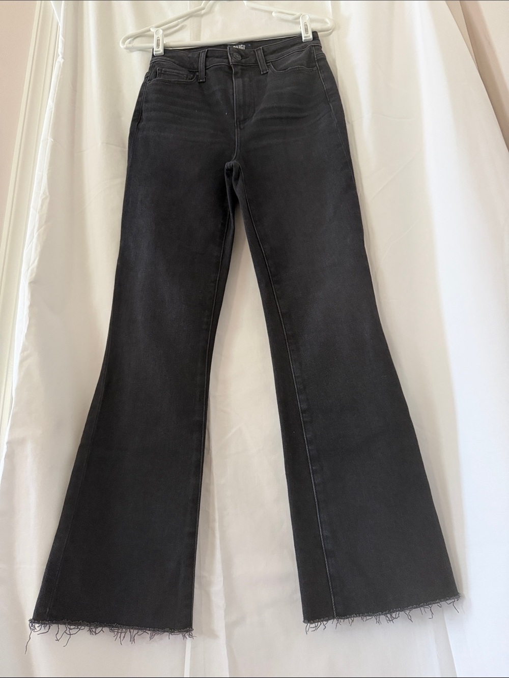 PAIGE Black High-Rise Flare Jeans with Raw Hem